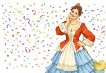 Maschere tradizionali italiane: Colombina Illustrazione della maschera di Colombina con vestito bianco, grembiule verde e crestina tipica della Commedia dell'Arte