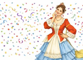 Maschere tradizionali italiane: Colombina Illustrazione della maschera di Colombina con vestito bianco, grembiule verde e crestina tipica della Commedia dell'Arte