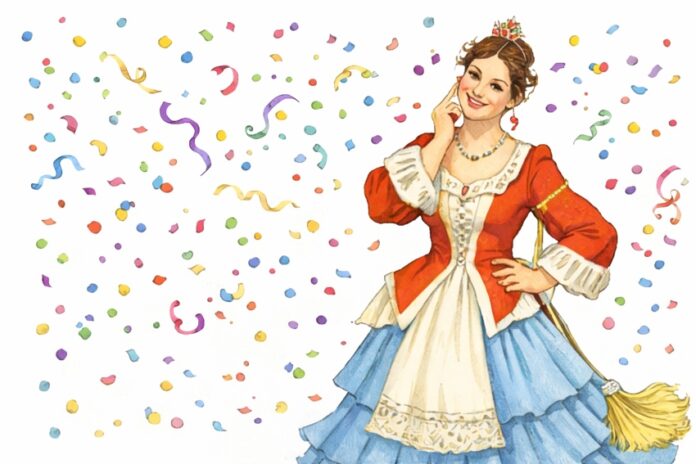 Illustrazione della maschera di Colombina con vestito bianco, grembiule verde e crestina tipica della Commedia dell'Arte