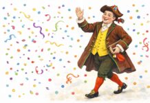 Maschere tradizionali italiane: Gianduja Illustrazione di Gianduja, maschera tradizionale di Torino, con giacca marrone, gilet giallo, cappello tricorno e codino all'insù