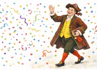 Maschere tradizionali italiane: Gianduja Illustrazione di Gianduja, maschera tradizionale di Torino, con giacca marrone, gilet giallo, cappello tricorno e codino all'insù