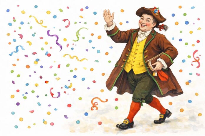 Illustrazione di Gianduja, maschera tradizionale di Torino, con giacca marrone, gilet giallo, cappello tricorno e codino all'insù