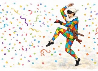 Maschere tradizionali italiane: Arlecchino Illustrazione della maschera di Arlecchino in posa acrobatica, con il tipico vestito a rombi colorati e maschera nera in cuoio.