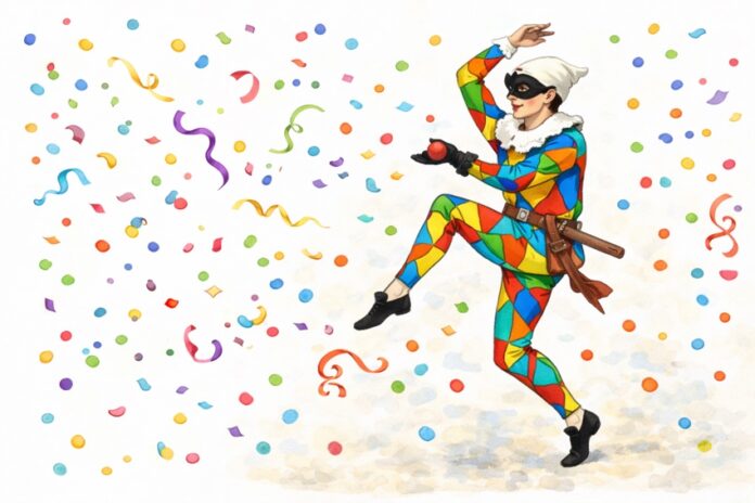 Illustrazione della maschera di Arlecchino in posa acrobatica, con il tipico vestito a rombi colorati e maschera nera in cuoio.