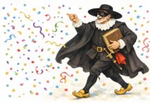 Maschere tradizionali italiane: Dottor Balanzone Illustrazione del Dottor Balanzone con la classica toga nera, il colletto bianco e il cappello a falda larga mentre tiene un libro.