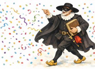 Maschere tradizionali italiane: Dottor Balanzone Illustrazione del Dottor Balanzone con la classica toga nera, il colletto bianco e il cappello a falda larga mentre tiene un libro.