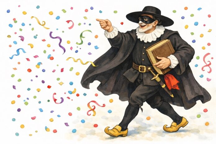 Illustrazione del Dottor Balanzone con la classica toga nera, il colletto bianco e il cappello a falda larga mentre tiene un libro.