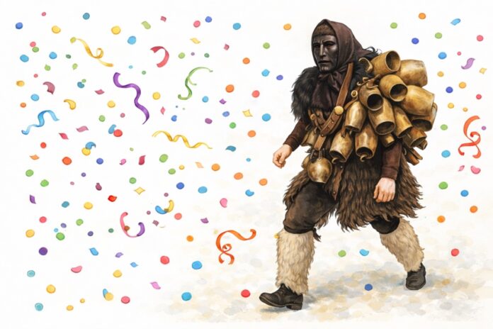 maschera Mamuthones di Mamoiada: pelle di pecora nera, maschera in legno scuro e pesanti campanacci sulla schiena.