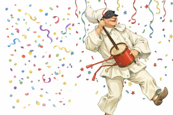 Maschera di Pulcinella con costume bianco tradizionale, maschera nera dal naso adunco e cappello a punta tipico di Napoli