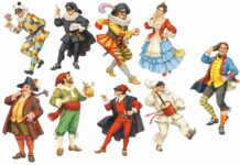 Le maschere di carnevale italiane: storia, origini e curiosità Illustrazione vintage delle maschere tradizionali della Commedia dell’Arte italiana