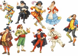 Le maschere di carnevale italiane: storia, origini e curiosità Illustrazione vintage delle maschere tradizionali della Commedia dell’Arte italiana