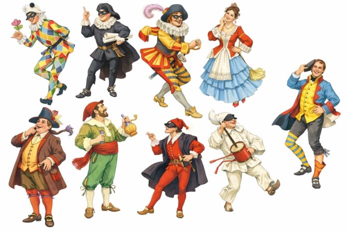 Illustrazione vintage delle maschere tradizionali della Commedia dell’Arte italiana