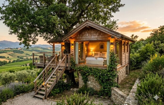 Casa sull'albero in Italia immersa nella natura con colline sullo sfondo