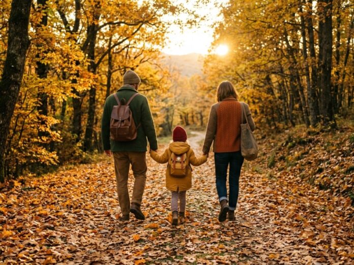 dove andare in autunno famiglia che visita un bosco per il foliage in autunno in italia
