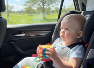 Viaggi lunghi in auto con bambini piccoli: come gestire fame, orari e tappe neonato seduto sul seggiolino in auto