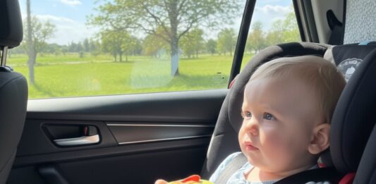 Viaggi lunghi in auto con bambini piccoli: come gestire fame, orari e tappe neonato seduto sul seggiolino in auto