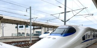 Cina in treno: la nostra guida dopo 28 giorni tra Alta Velocità, Regionali e Treni-Traghetto Treno ad alta velocità cinese tipo G-Train fermo sulla banchina di una moderna stazione in Cina, con il muso aerodinamico bianco e finestrini scuri