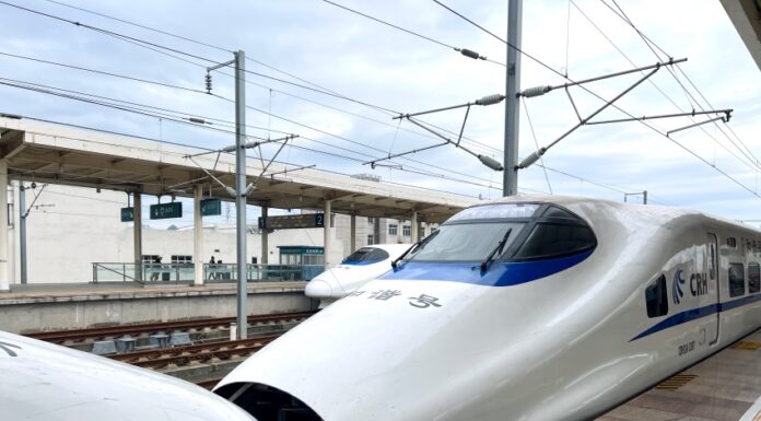 Cina in treno: la nostra guida dopo 28 giorni tra Alta Velocità, Regionali e Treni-Traghetto Treno ad alta velocità cinese tipo G-Train fermo sulla banchina di una moderna stazione in Cina, con il muso aerodinamico bianco e finestrini scuri