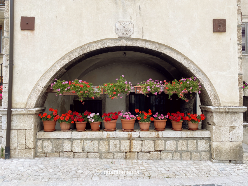 scorcio di pescocostanzo con edifici in pietra e fiori
